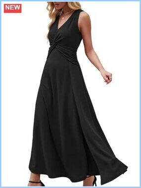 Women's V-Neck Sleeveless Formal Evening Maxi Dress A-Line Ruffle Wedding Guest